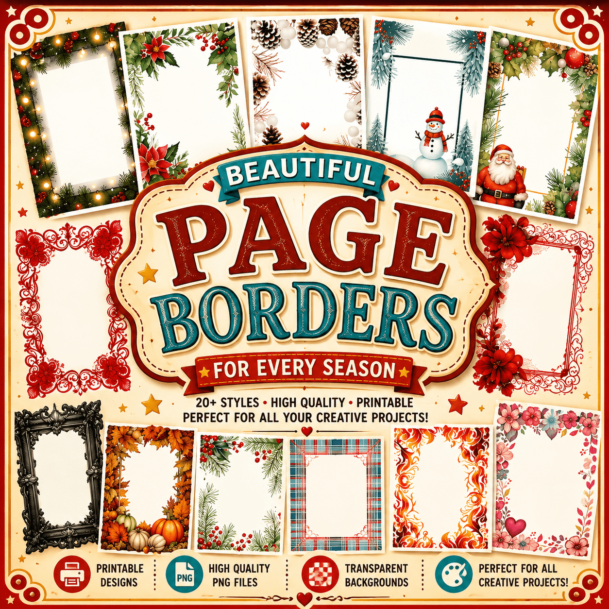 Colorful collection of decorative page borders featuring Christmas, autumn, floral, gothic, and seasonal printable frame designs with transparent backgrounds and elegant layouts.