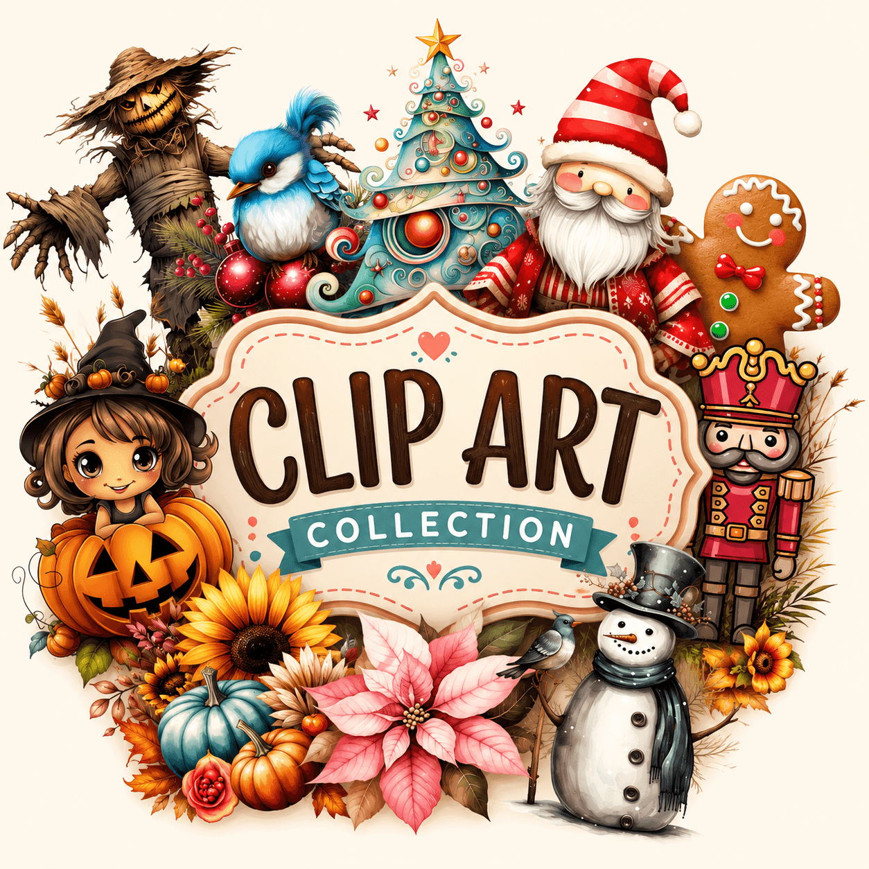 Colorful free clip art collection featuring Halloween, Christmas, autumn, winter, and food-themed PNG illustrations including scarecrow, Santa gnome, gingerbread cookie, pumpkins, snowman, poinsettia, and festive decorations.