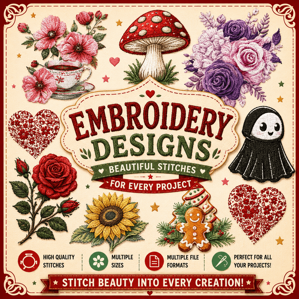 Collage thumbnail featuring free embroidery designs including floral roses, sunflower, mushroom, ghost, gingerbread cookie, and heart embroidery patterns for machine embroidery projects.