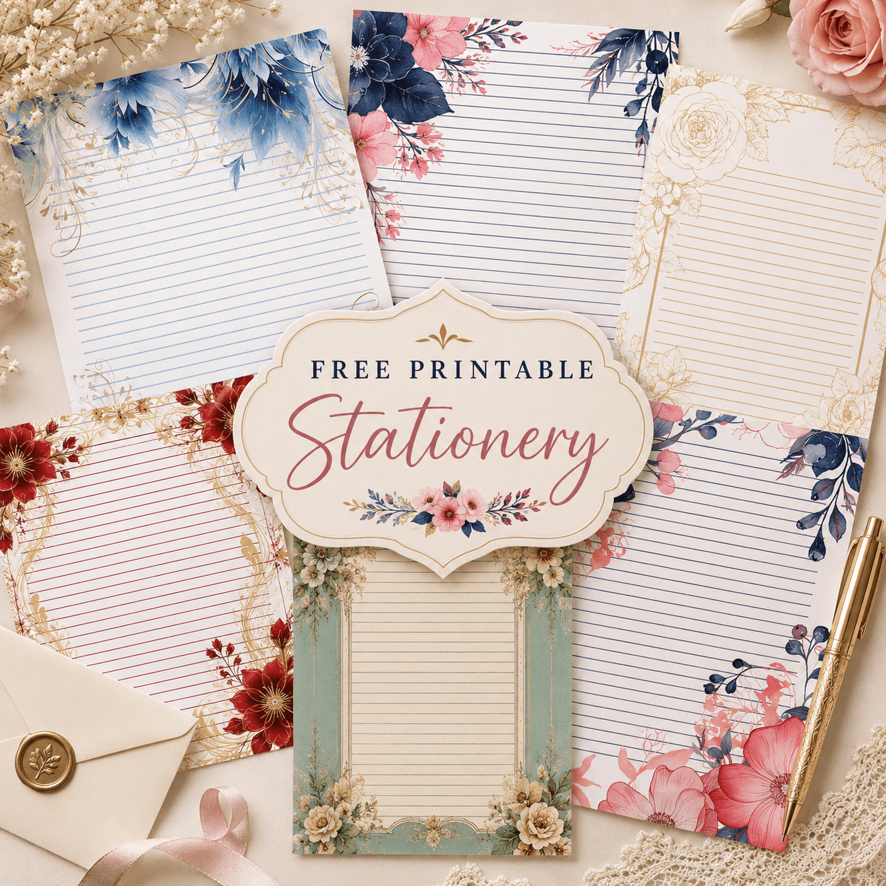 Collection of free printable floral stationery paper designs featuring blue, pink, vintage, and gold writing paper layouts.
